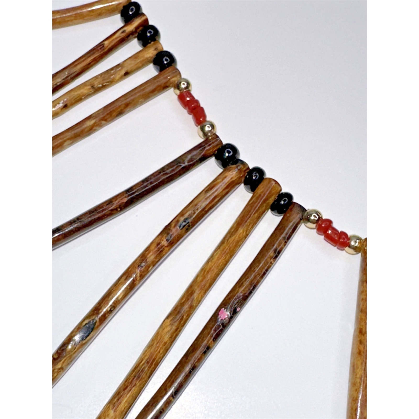 Gold Coral Branch Necklace Red Black Beads Barrel Clasp 20" Vintage Boho Hippie